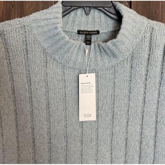 Eileen Fisher LARGE FROST Organic Cotton/Cashmere Fluffy Rib Turtleneck Sweater - Picture 3 of 12